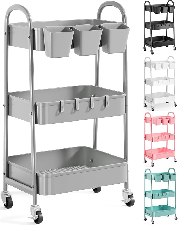 3 Tier Gray Metal Rolling Cart, Mesh Storage Cart by Recximi