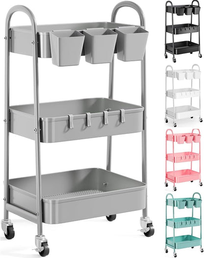 3 Tier Gray Metal Rolling Cart, Mesh Storage Cart by Recximi