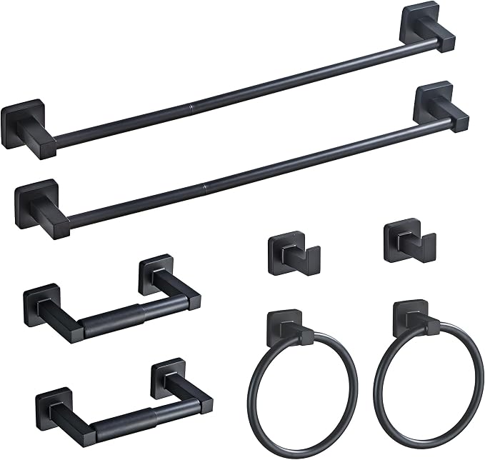 Matte Black Bathroom Hardware Set 8 Pieces, Towel Bar Set Stainless Steel Wall by bluebyrne