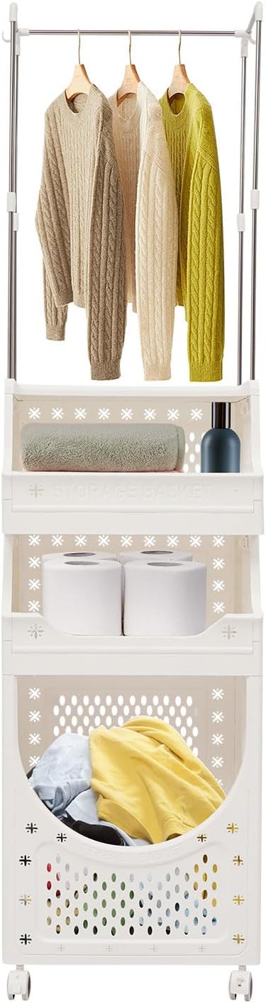 Rolling Laundry Hamper with Hanging Rod, 3-Tier Laundry Hamper Cart with 6 Hooks by Unknown