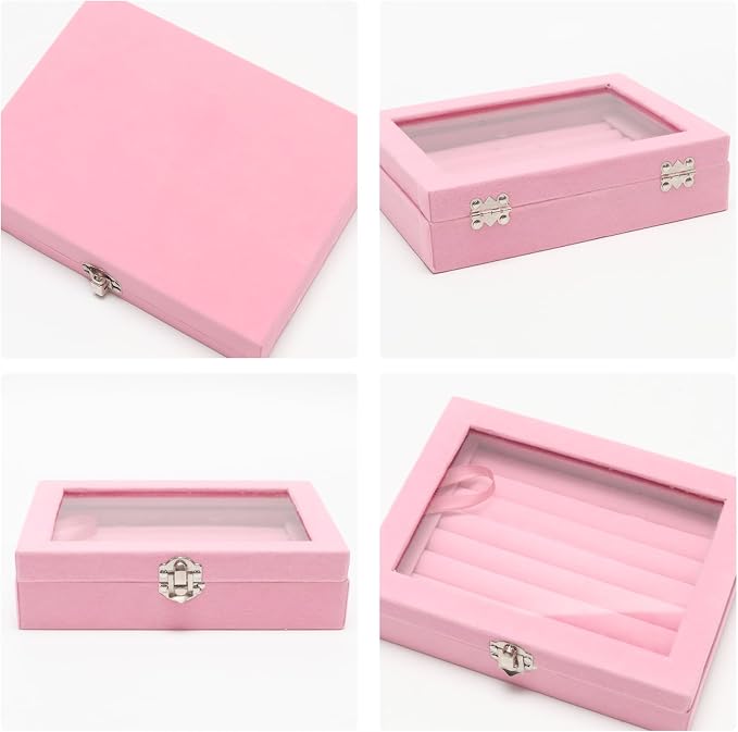 Small Velvet Jewelry Tray with Clear Lid, 8 Rolls Pink | Lockable Ring Earring - Image 4
