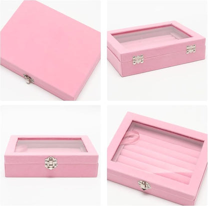 Small Velvet Jewelry Tray with Clear Lid, 8 Rolls Pink | Lockable Ring Earring - Image 4
