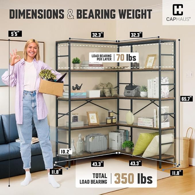 CAPHAUS L-Shaped Bookshelf, 5 Tier Industrial Corner Bookcase, Tall Corner Shelf - Image 2