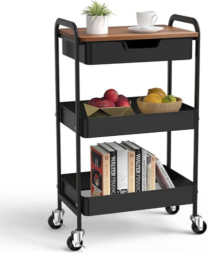 3 Tier Rolling Cart with Drawer, Metal Utility Cart on Wheels Storage Cart with by Aratan