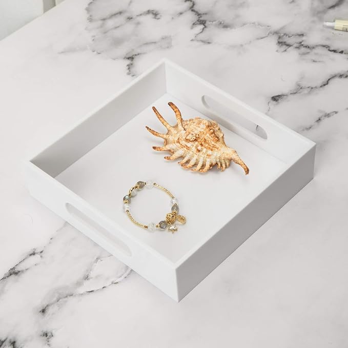 White Sturdy Acrylic Tray with Handles-8x8 Inch- Countertop Organizer Tray - Image 4