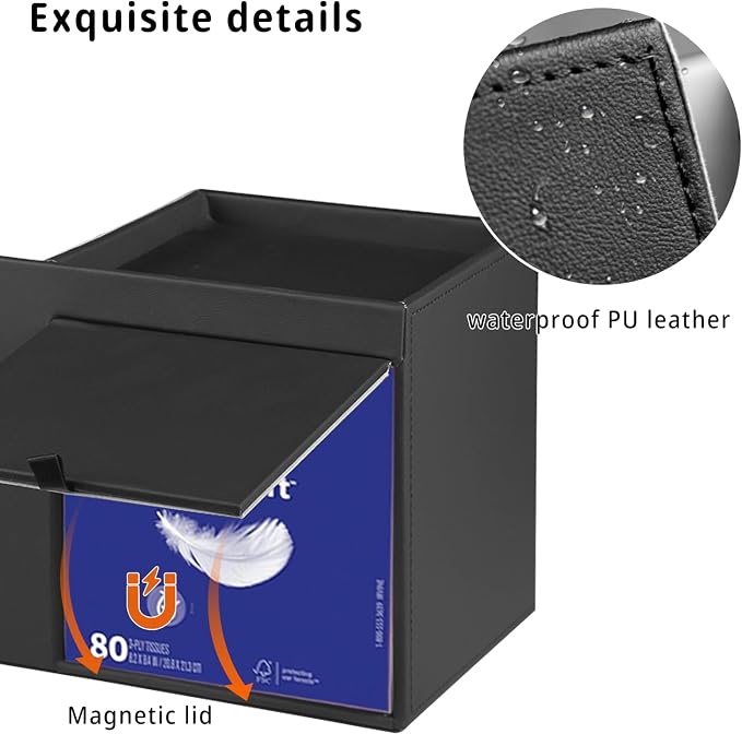 YAPISHI Tissue Box Cover with Storage Tray and Drawer, PU Leather Square Tissue - Image 4
