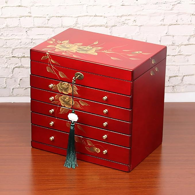 Hand-drawn rose wood jewelry box 6-Layer Jewelry Organizer - Image 7