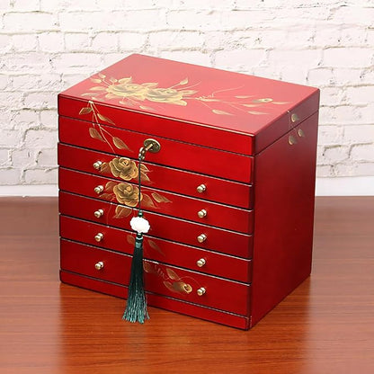Hand-drawn rose wood jewelry box 6-Layer Jewelry Organizer - Image 7