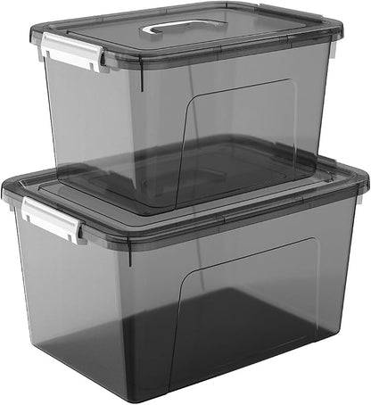 Plastic Storage Bins with Lids, 2 Pack Mixed Sizes Clear Black with Lid by JUJIAJIA