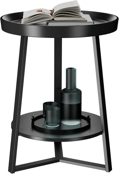 Gadroad Round End Table with Storage Shelf, 2 Tier Farmhouse Side Table by Gadroad