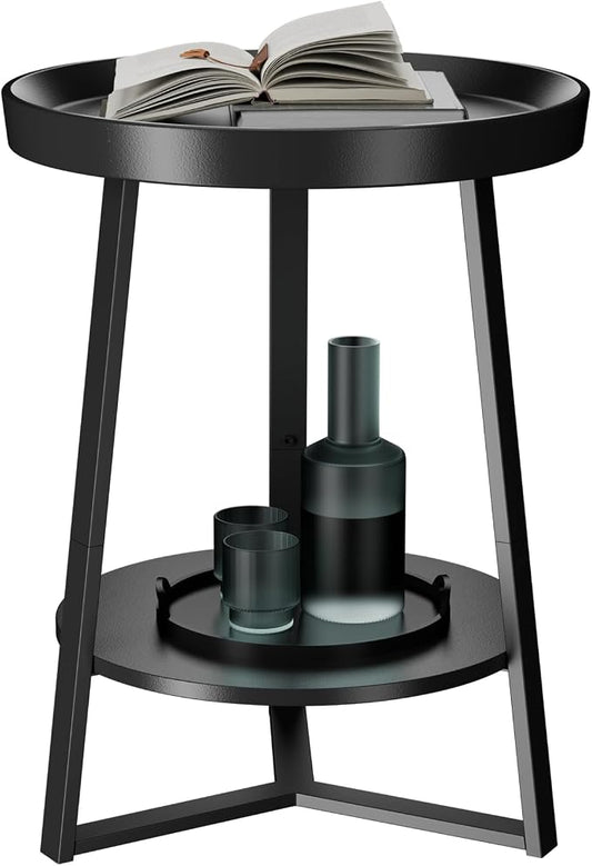 Gadroad Round End Table with Storage Shelf, 2 Tier Farmhouse Side Table by Gadroad