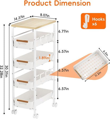 5-Tier Slim Storage Cart, Wooden Top Rolling Kitchen Cart - Image 5