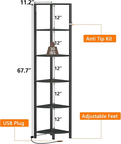 6 Tier Corner Shelf with LED Light, 67.5" Black Narrow Bookshelf | Tall - Image 2