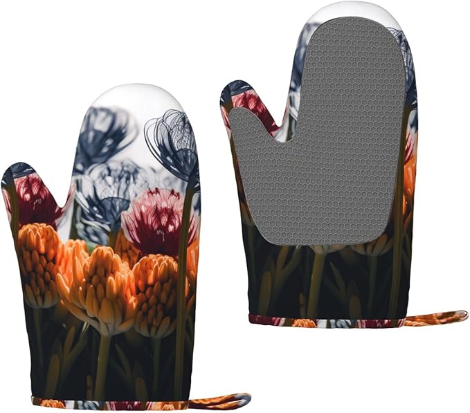 Flowers Print Oven Mitts Set of 2, Heat Resistant Silicone Oven Mittens Gloves by Unknown