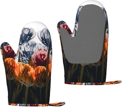 Flowers Print Oven Mitts Set of 2, Heat Resistant Silicone Oven Mittens Gloves by Unknown