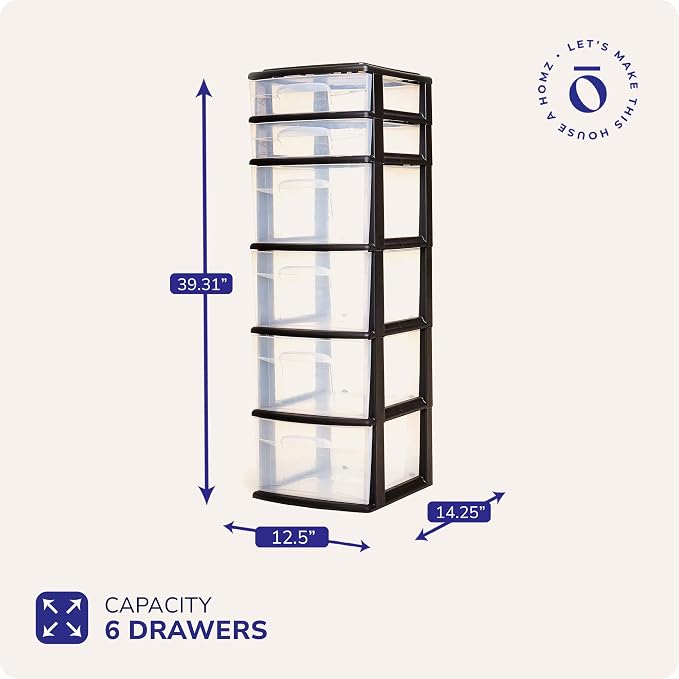 HOMZ 6 Drawer Plastic Storage & Organizer Tower | 4 Large & 2 Small Drawers | - Image 2