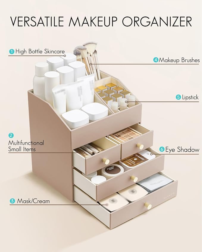 Vlando Makeup Organizer Countertop, Large Vanity Organizer PU Leather Make up - Image 4