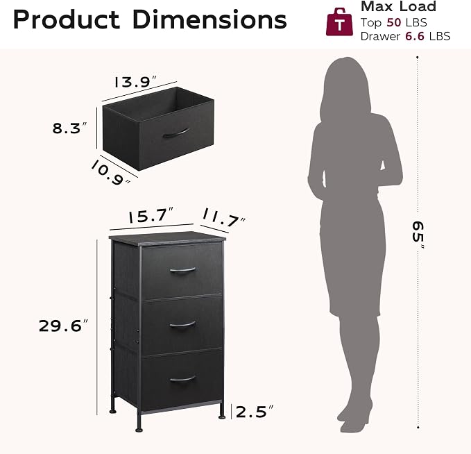 WLIVE Dresser with 3 Drawers, Fabric Nightstand, Organizer Unit, Storage Dresser - Image 3