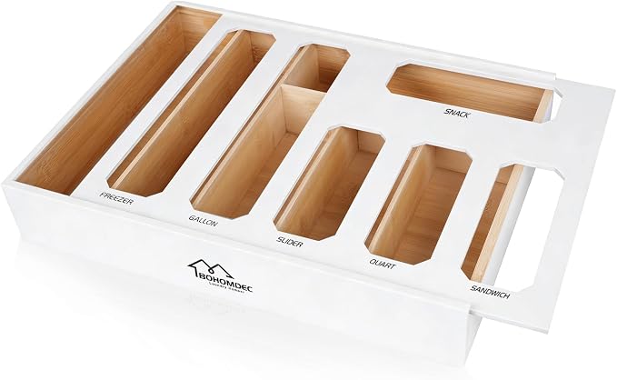 6 in 1 Bamboo Ziploc Bag Storage Organizer, Snack & Freezer Bags, Wall by BOHOMDEC