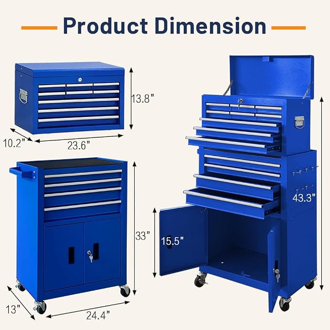 13-Drawer Double Door Rolling Tool Chest, 2 in 1 Detachable Tool Chest - Image 3