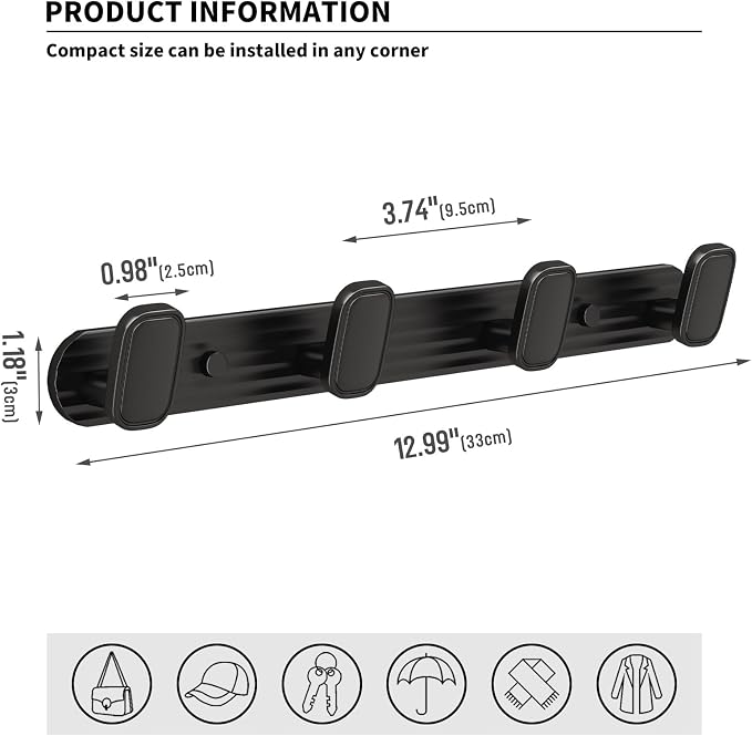 Coat Rack Wall Mount Black, 4 Hooks Rack Metal Coat Hanger Wall - Image 5