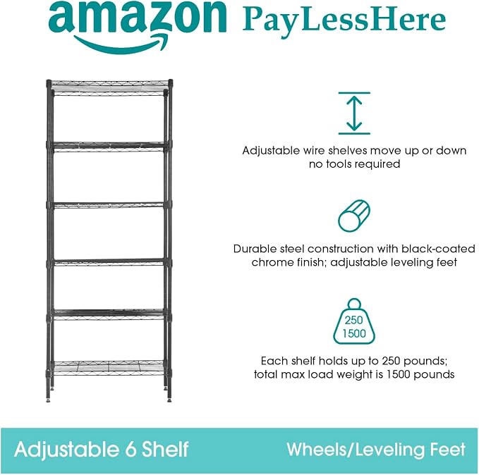 PayLessHere | 6-Tier Wire Shelf | 23"x13"x59" | Black | Adjustable Racks | - Image 6