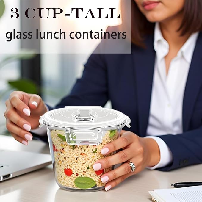 H.JSS WDJS 3 Cup Round Glass Meal Prep Containers - Image 4