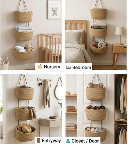 3-Tier Over the Door Hanging Basket, Cotton Rope Woven Decorative Hanging - Image 5
