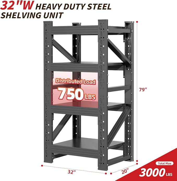32" W Garage Shelving, 4-Tier Heavy Duty Storage Shelves Unit - Image 2