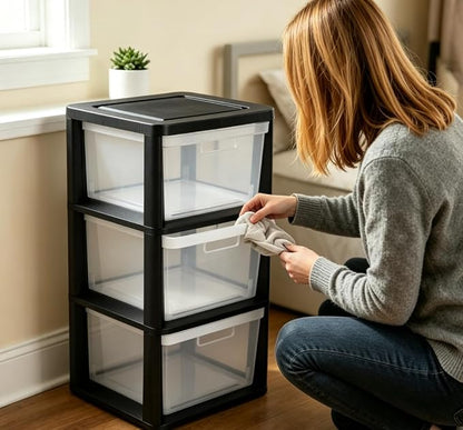 Black 3 Drawer Storage Tower, Plastic Organizer Cabinet - Image 3