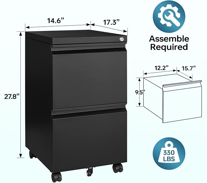 MIIIKO 2 Drawer File Cabinet on Wheels, Home Office Mobile Under Desk - Image 3