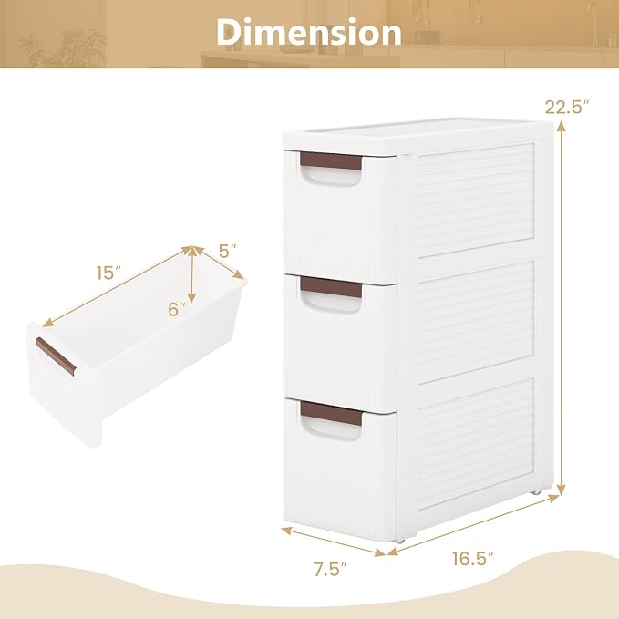 3-Drawer Narrow Storage Cabinet, Slim Rolling Cart | Mobile Plastic Cart - Image 3