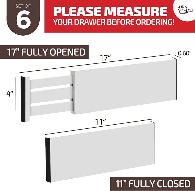 6 Pack Drawer Dividers 4 Inch High, 11”-17" Adjustable Bamboo Organizers Large - Image 3