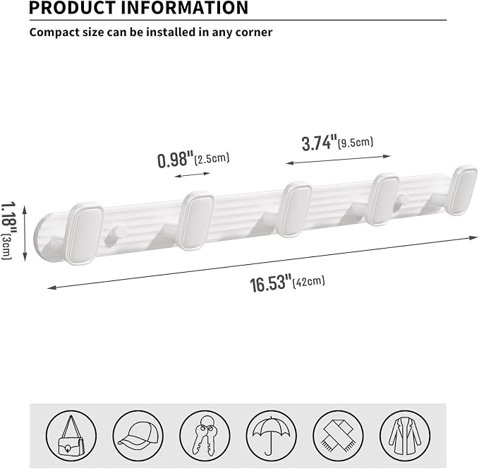Coat Rack Wall Mount White, 5 Hooks Rack Metal Coat Hanger Wall - Image 5