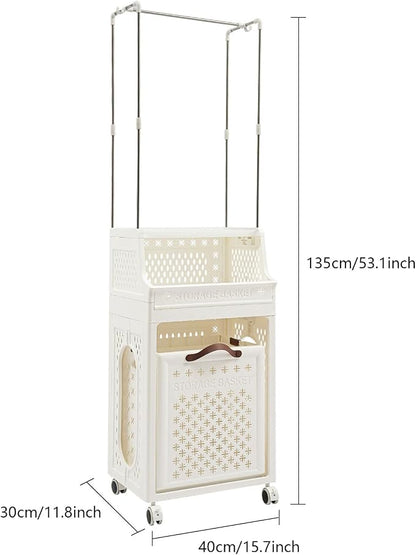 Rolling Laundry Hamper with Hanging Rod, 3-Tier Laundry Hamper Cart with 6 Hooks - Image 2