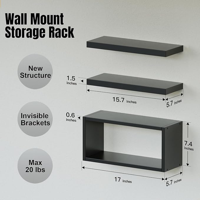 RICHER HOUSE 3-Set Black Floating Wall Shelves, Bathroom Shelf Over Toilet | - Image 2