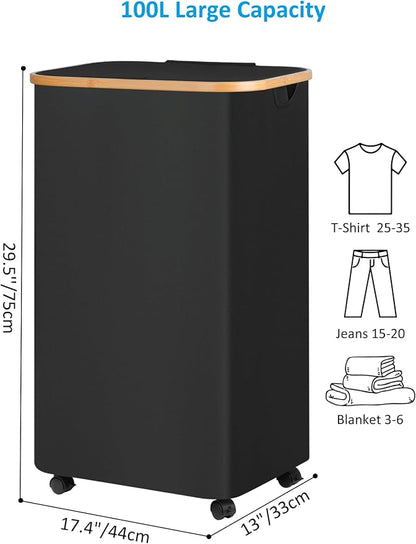 efluky Laundry Basket with Wheels, Tall Rolling Laundry Hamper with Lid and - Image 6