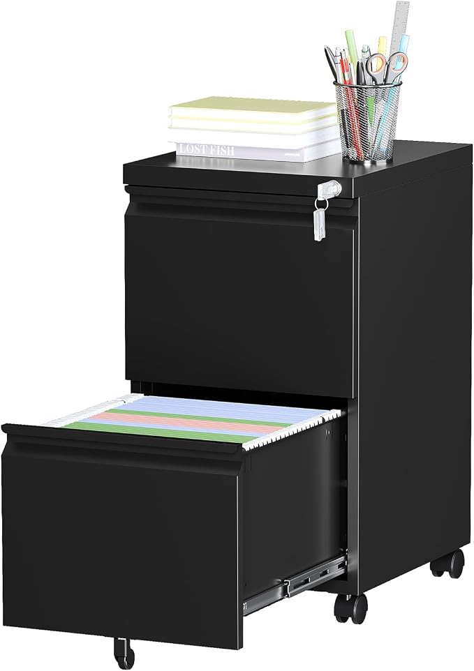 2 Drawer Locking Under Desk Metal Storage Cabinet on Wheels by LISSIMO