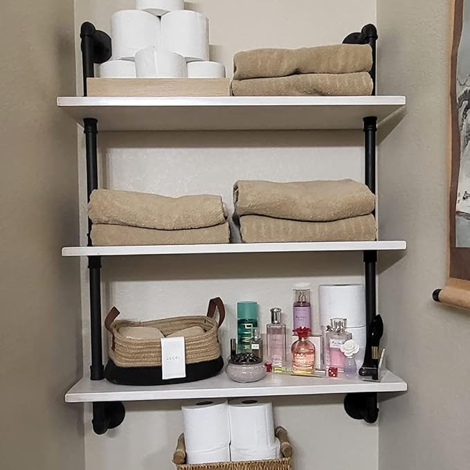 HDDFER Industrial Pipe Shelving Rustic White Pipe Wall Shelves Bathroom Shelves - Image 3