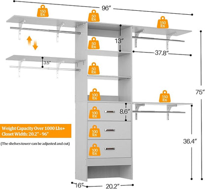 Closet System with 3 Drawers - 8FT Wood Closet Organizer with 3 Shelving Tower - Image 3