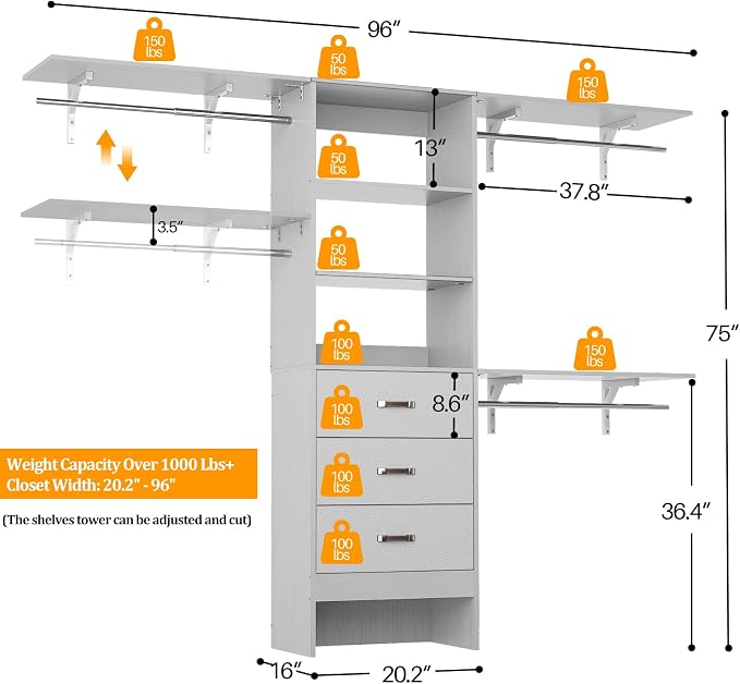 Besiost Closet System with Drawer - 8FT Wood Closet Organizer System with 3 - Image 3