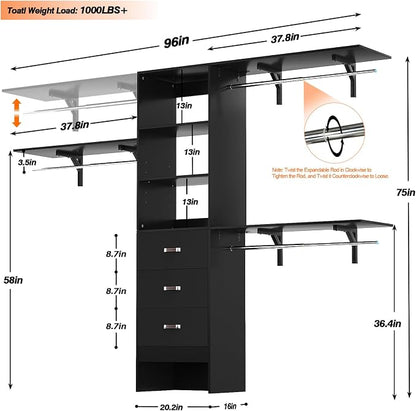 96" Wood Closet System with 3 Enclosed Drawers & 3 Solid Shelves, 8FT - Image 7