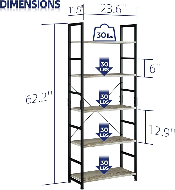 NUMENN 5 Tier Bookshelf, Tall Freestanding Open Storage Bookcase, Support Bars - Image 3
