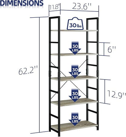 NUMENN 5 Tier Bookshelf, Tall Freestanding Open Storage Bookcase, Support Bars - Image 3