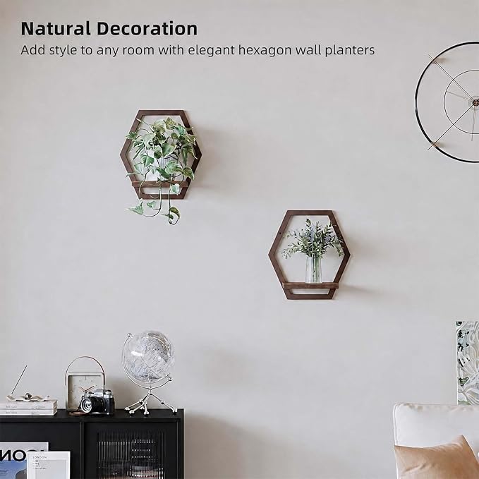 2 Pack Walnut Color Solid Wood & Metal Framework Wall Plant Stands, 9 inch - Image 2