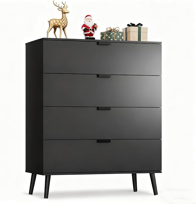 WLIVE 4 Drawer Dresser for Bedroom, Wooden Black Tall Dresser, Modern Dressers by WLIVE