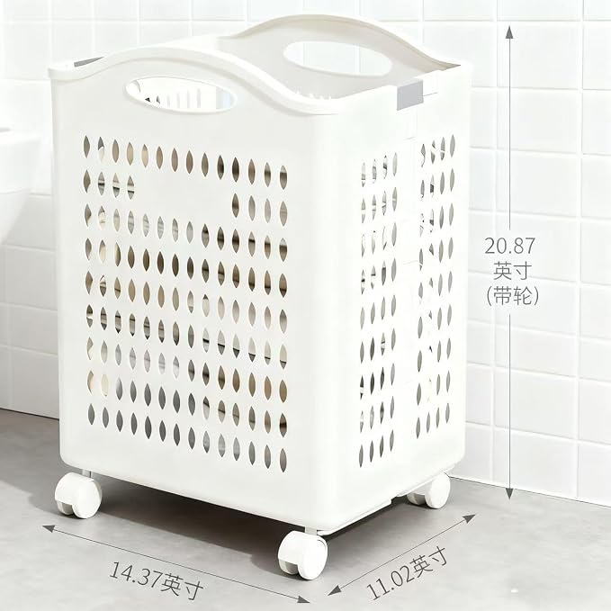 Rolling Laundry Hamper with Wheels White Plastic Storage Bin with Handles - Image 5