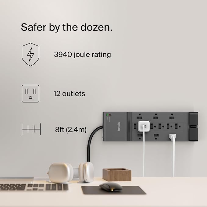 Belkin Surge Protector Power Strip w/ 12 AC Outlets & 8ft Long Flat Plug - Image 2