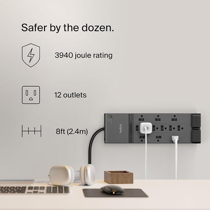 Belkin Surge Protector Power Strip w/ 12 AC Outlets & 8ft Long Flat Plug - Image 2