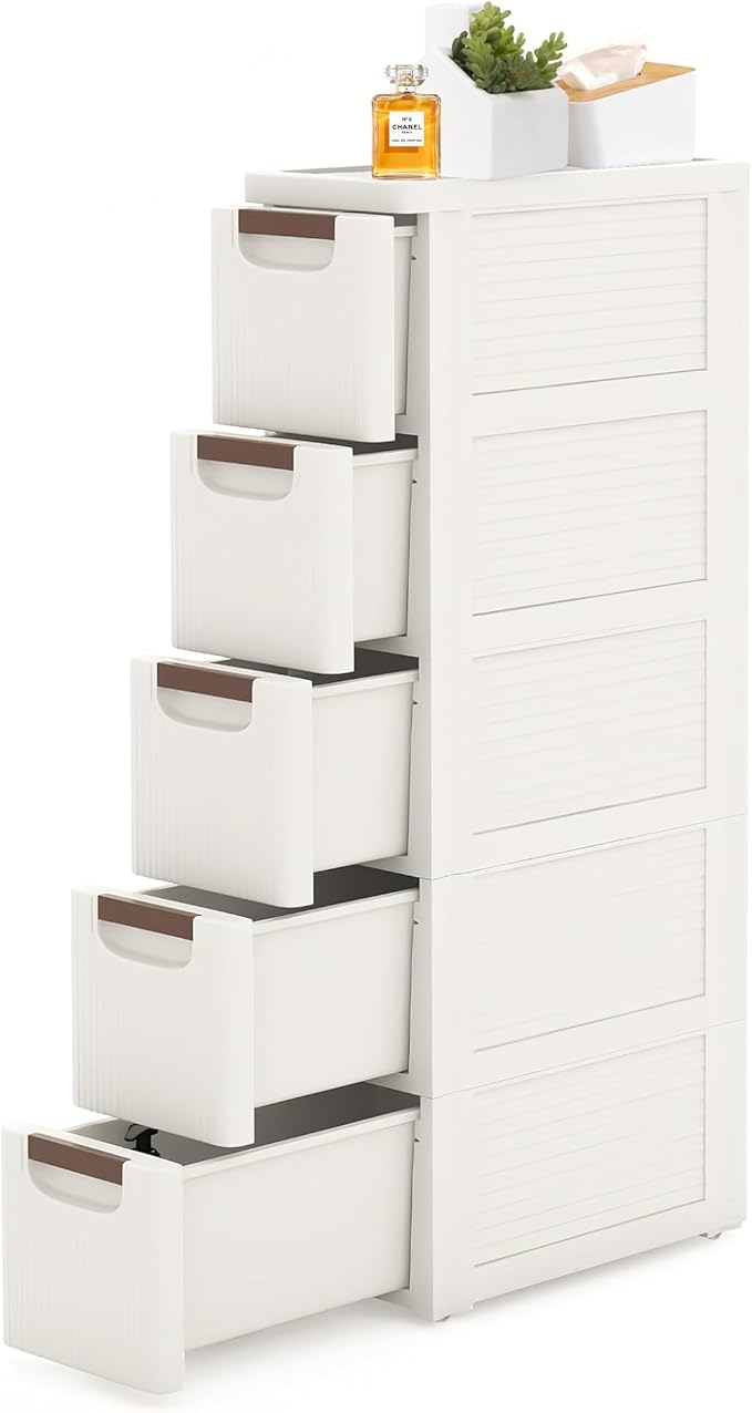 5 Drawers Slim Bathroom Storage Cabinet Dresser, Narrow Plastic Rolling Cart by YABORAS